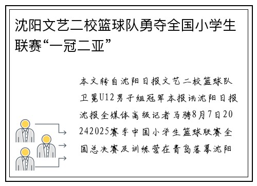 沈阳文艺二校篮球队勇夺全国小学生联赛“一冠二亚”